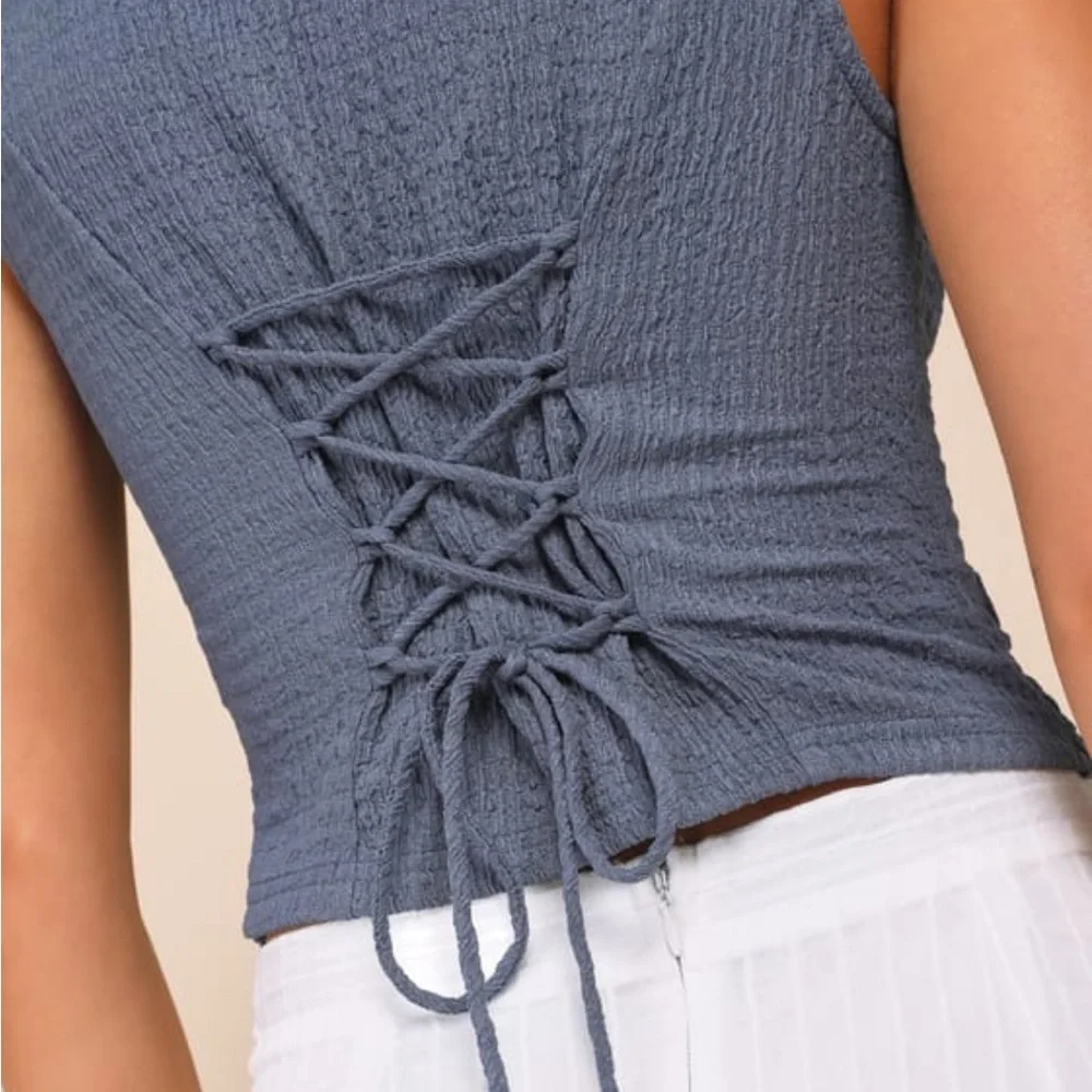 True Charm Dark Blue Textured Lace-Up Sleeveless Vest Top Large NWT - Picture 4 of 6